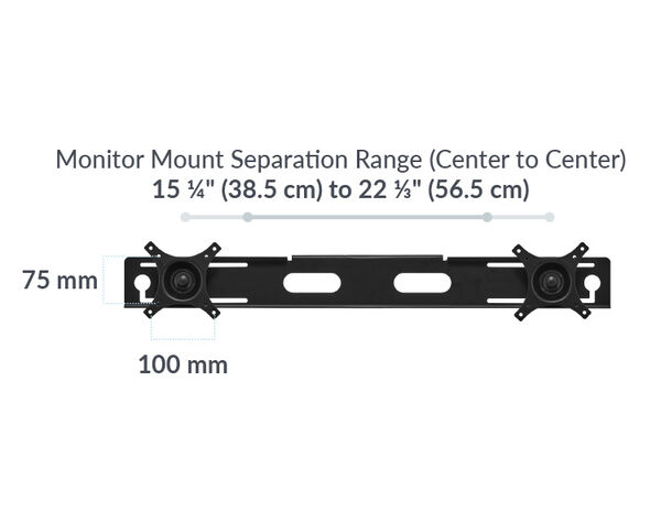 The monitor mount separation range, from center to center, is 15 and a quarter inches to 22 and a third inch