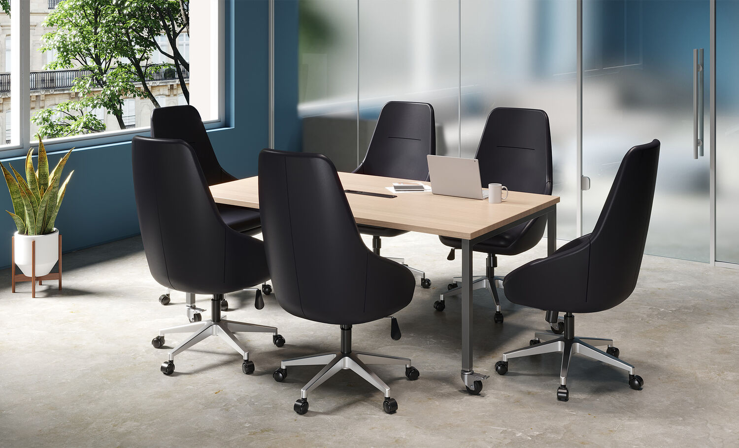 vari conference table in light wood in an office setting