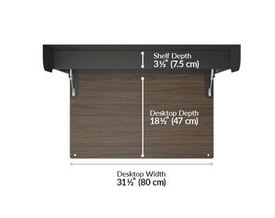 Hide-Away desk has a desktop depth of eighteen and a half inches and a shelf depth of three and a third inches
