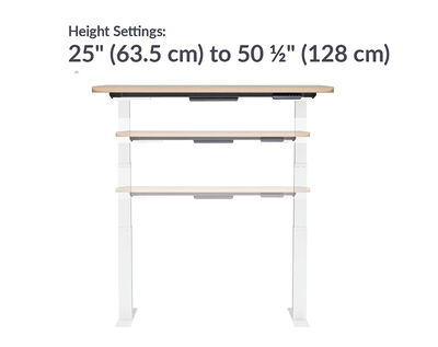 The base of the Electric Standing Desk with ComfortEdge™ 48x30 Light Wood goes from 25 inches to 50.5 inches tall