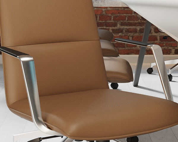 closeup of polished aluminum base, seat cushion and faux leather padded arm rests