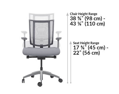 task chair height range is from 38 and 5eighths inches to 43 and an eight inches. Seat height range is 17 and 5 eighth inches to 22 inches.