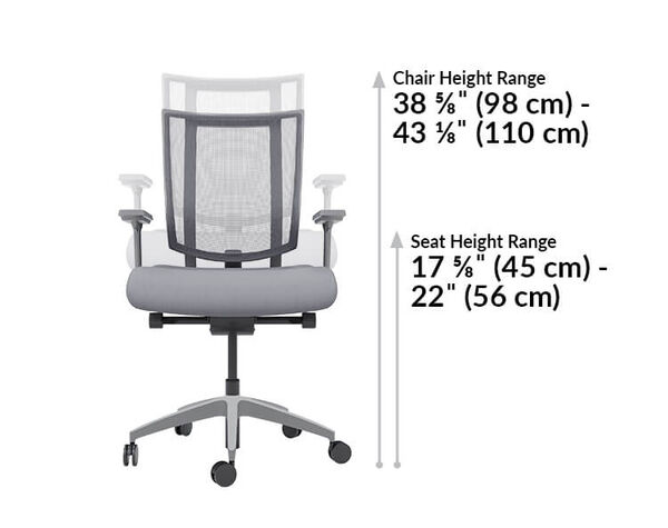 task chair height range is from 38 and 5eighths inches to 43 and an eight inches. Seat height range is 17 and 5 eighth inches to 22 inches. 