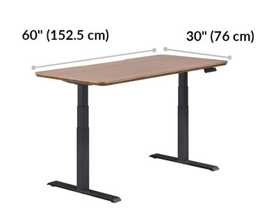 Electric Standing Desk 60x30 walnut with black Legs is 60 inches wide and 30 inches deep