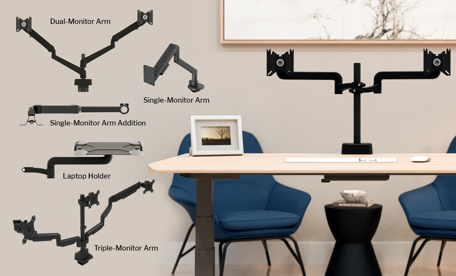 Product lineup graphic labeling the Dual-Monitor Arm, Single-Monitor Arm, Single-Monitor Arm Addition, Laptop Holder, and Triple-Monitor Arm, with a dual monitor arm shown mounted on a desk beside blue chairs.