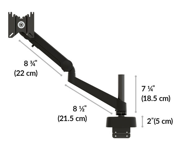the arm rotates 360 degrees where the first arm section meets the post. It rotates 360 degrees at the joint, and the monitor attachment hardware rotates 360 degrees for full motion