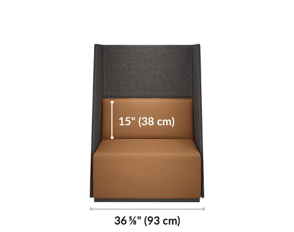 Front view of the High Back Chair in Onyx/Toffee finish, back seat height is 15 inches and the length is 26 5/8 inches.