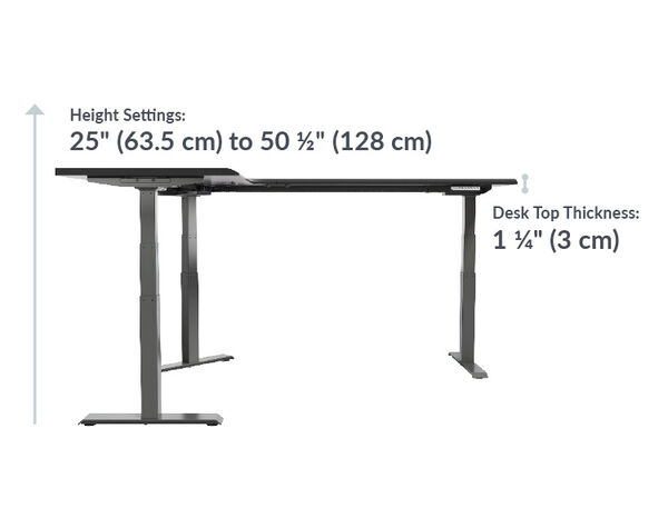 The L-Shape Electric Standing Desk Black is 25 inches to 50 and a half inches tall