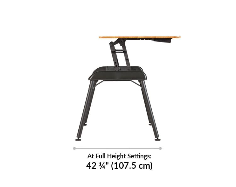 At full height setting, the top of the desk comes towards the user, and takes up a total of 42 and a quarter inches in depth from front of desk to back of base.