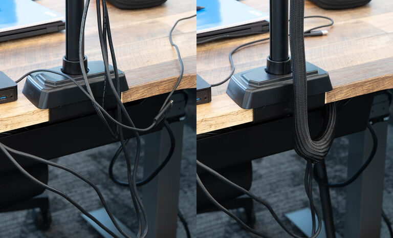 cables shown unorganized and messy on the backside of a desk and then shown with the vari cable management set making the cables much more organized