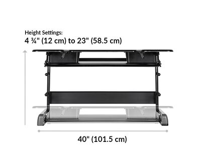Varidesk tall 40 height from 4 and 3 quarter inches or 12 centimeters to 23 inches or 58 and a half centimeters. Width 40 inches or 101 and a half centimeters.