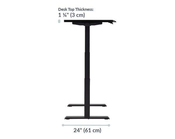 electric standing desk with black top and black legs has the leg base of twenty four inches long