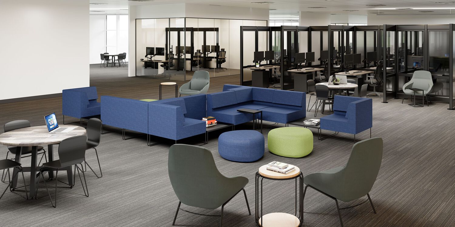 soft seating meeting areas in an open office