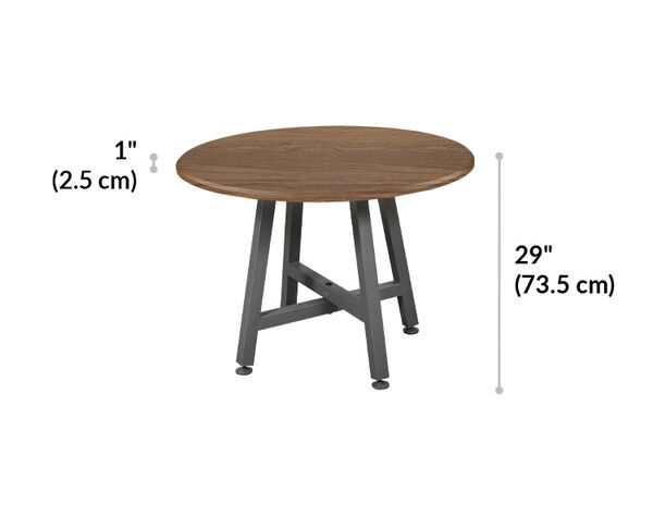 standing round table in walnut finish is one and a quarter inches deep and total height is twenty nine inches tall