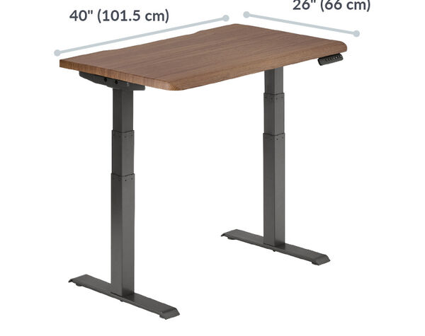 A walnut electric standing desk with a rectangular surface measuring 40 inches (101.5 cm) in width and 26 inches (66 cm) in depth.