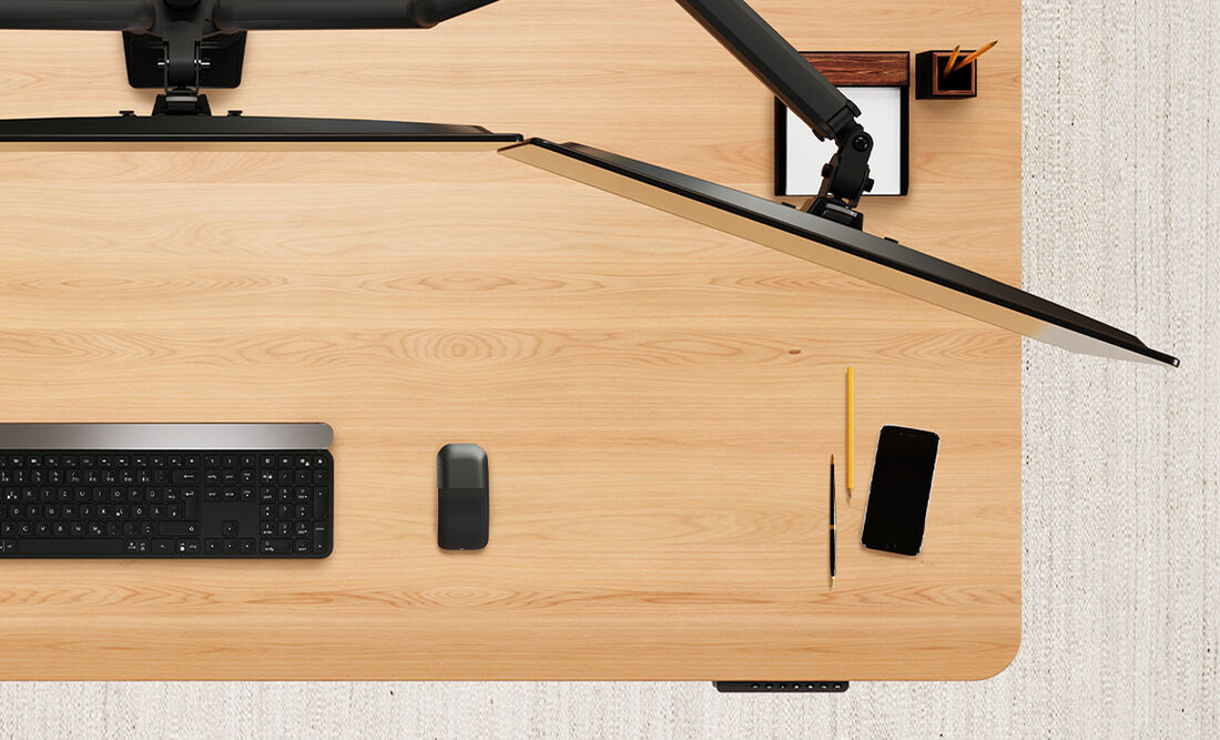 overview of desk with accessories on it