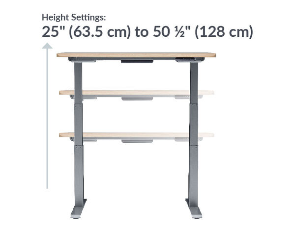 The base of the Electric Standing Desk with ComfortEdge 48x30 Light Wood Silver goes from 25 inches to 50.5 inches tall