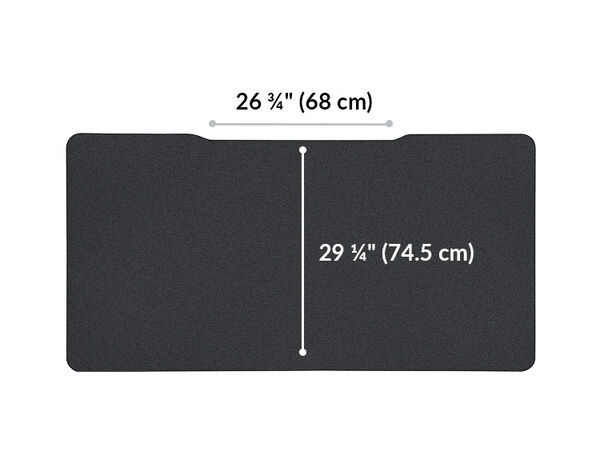 Vari electric standing desk monitor mounting space is 26 and 3 quarter inches wide. Tabletop from mounting space is 29 and a quarter inches long. 