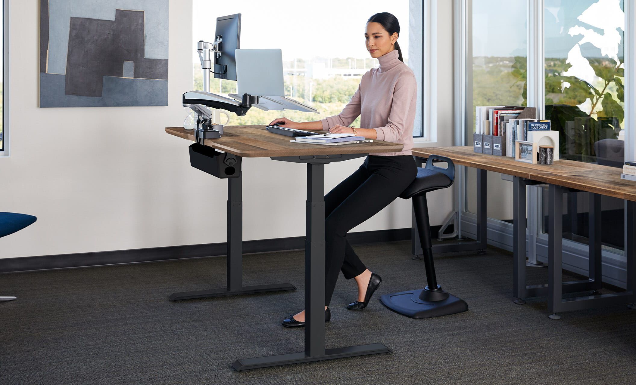 Butcher Block Dual Motor Sit to Stand Desk Solid Top with Height Adjustable Steel Legs Push Button Memory Settings Vari Electric Standing Desk 60 x 30 Work or Home Office Desk -