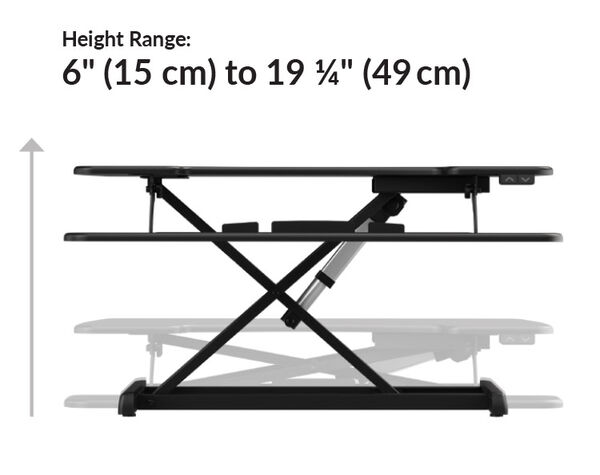 Dimension image shows that the desk converter rises to a max height of 19 1/4 inches