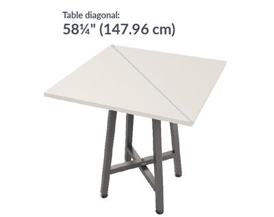 standing square table top has a fifty eight and a quarter inch diagonal length