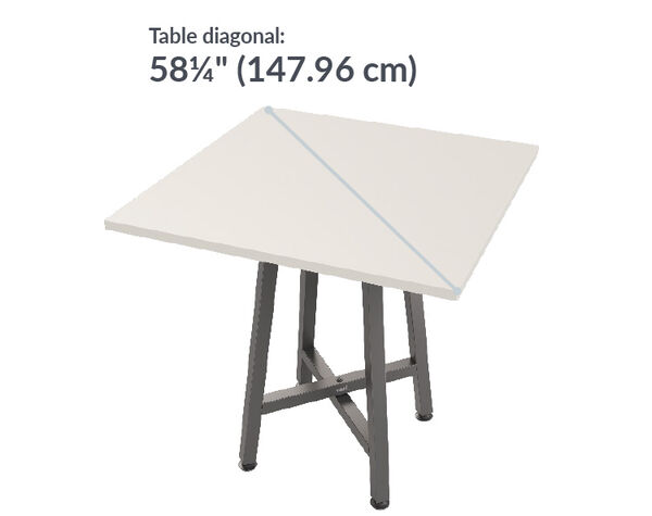 standing square table top has a fifty eight and a quarter inch diagonal length 
