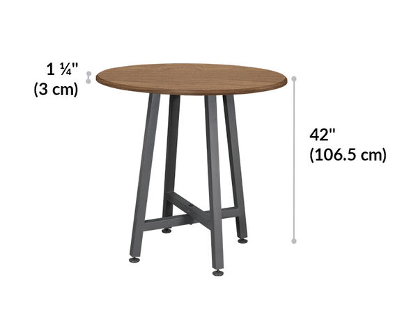 the standing round table top is one and a quarter inches deep and overall table height is forty two inches tall