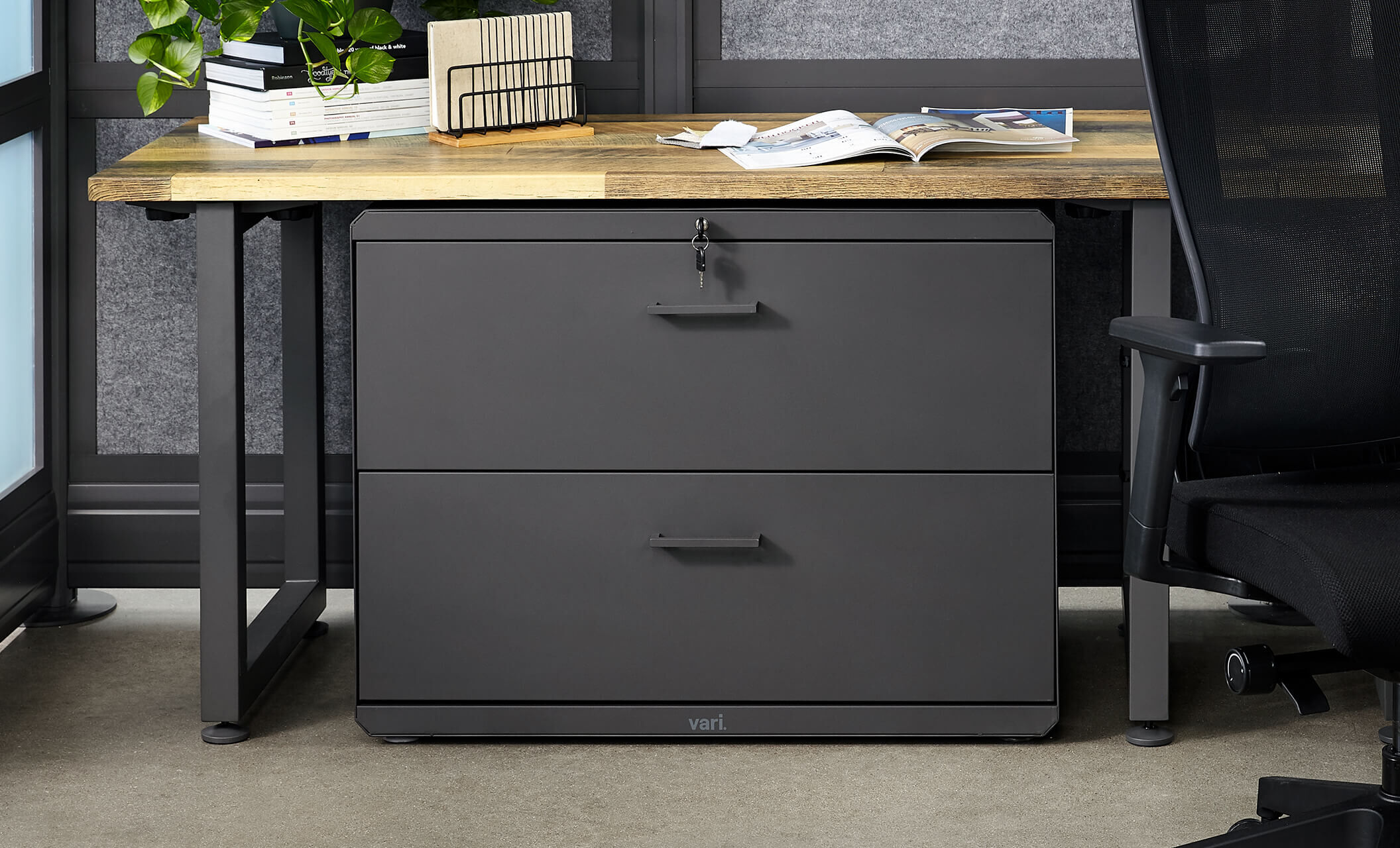 vari lateral file cabinet under table