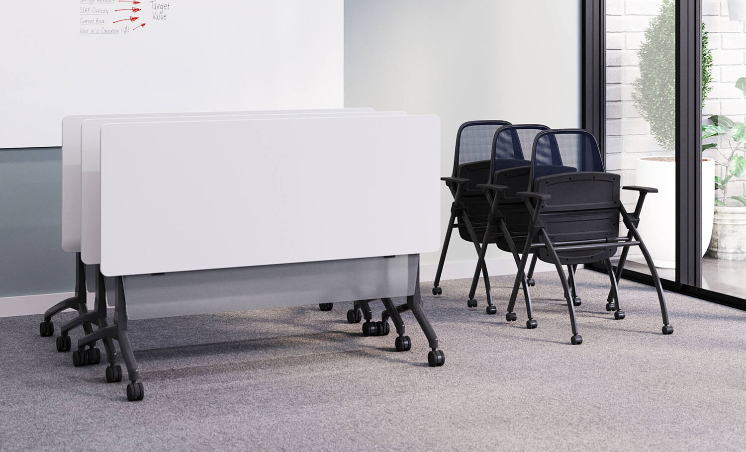 training tables and chairs folded, nested, and stored