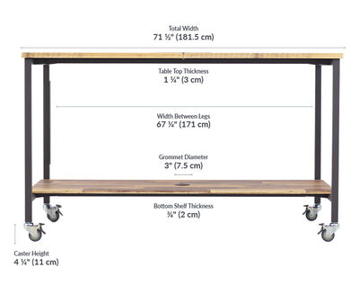 Standing conference table measures 71 1/2 inches long by 67 1/4 inches wide Standing conference table has a total depth of 41 1/4 inches , the depth between legs is 37 1/4, the bottom shelf depth is 28 1/4, the clearance below support bar is 8 and 3/4 inches, and the total height is 43 inches