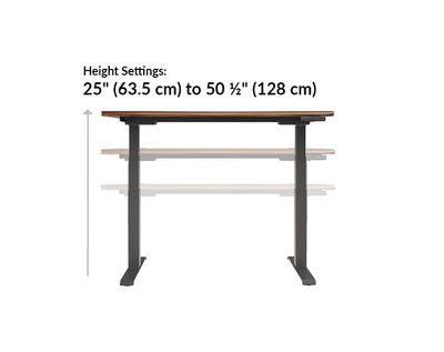 The Ergo Electric Standing Desk 54x26 height ranges from 25 inches to 50.5 inches