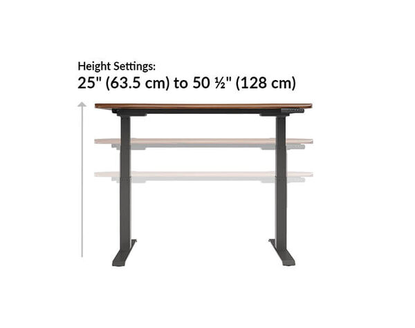 The Ergo Electric Standing Desk 54x26 height ranges from 25 inches to 50.5 inches 