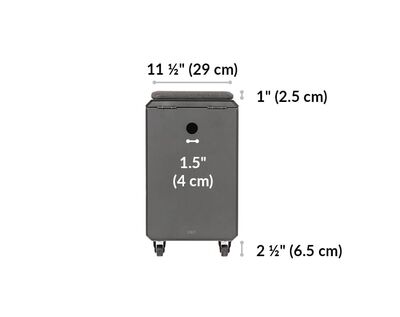 vari locker seat cushion width 11 and a half inches. Cushion height 1 inch. Wheel height 2 and a half inches