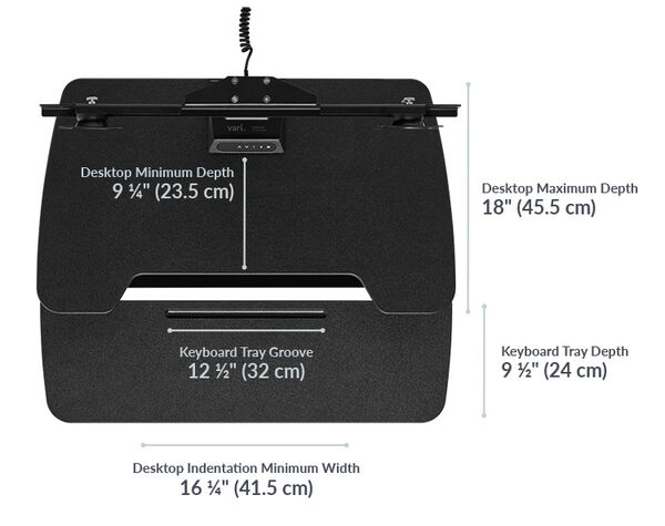 Dimension image shows that the desktop iminmum depth is 9 and a quarter inches deep and the keyboard tray depth is 9 and a half inches deep