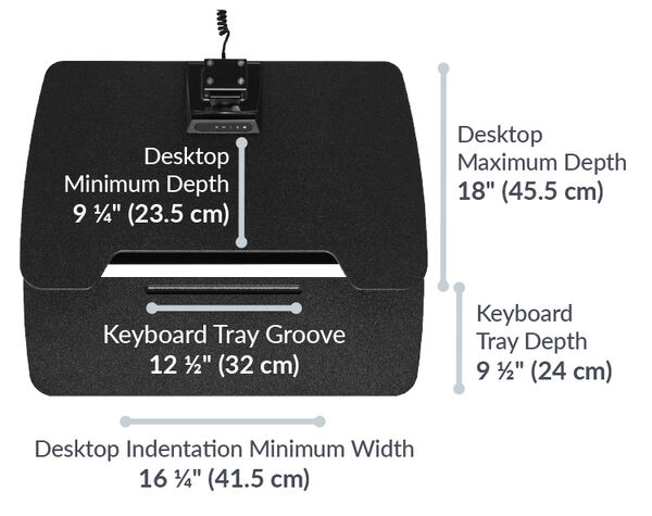 the desktop indentation minimum width is 16 and a quarter inches wide and the keyboard tray depth is 9 and a half inches deep