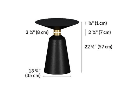 pedestal side table is 22 and a half inches tall and the base is 13 and three quarerters wide