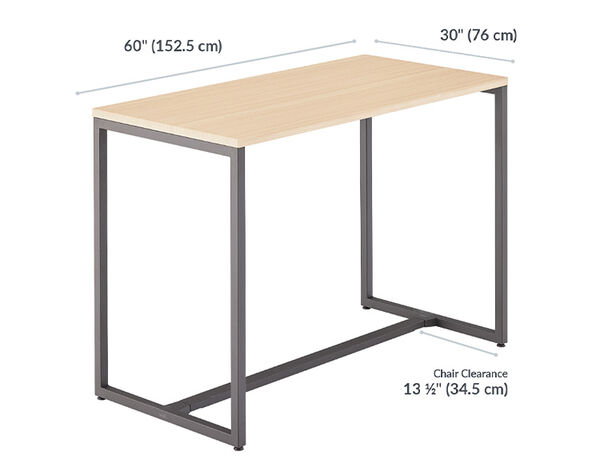 Standing Work Table is 60 inches wide and 30 inches deep. Standing Work Table feet are 56 and a half inches apart.