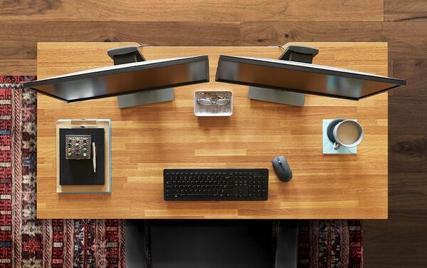 overhead view of butcher block desk