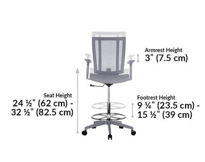 drafting chair seat height ranges from 24 to 33 inches. Armrest height is 3 inches. Footrest height ranges from 9 to 15 inches.