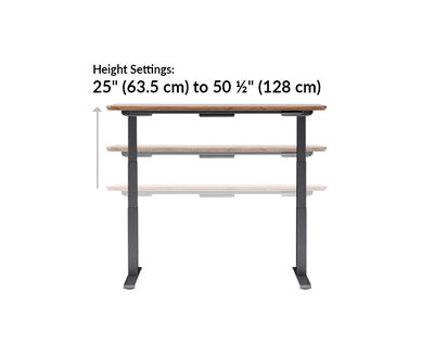 Vari electric standing desk height settings range from 25 to 50 and a half inches