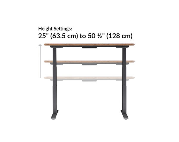 Vari electric standing desk height settings range from 25 to 50 and a half inches