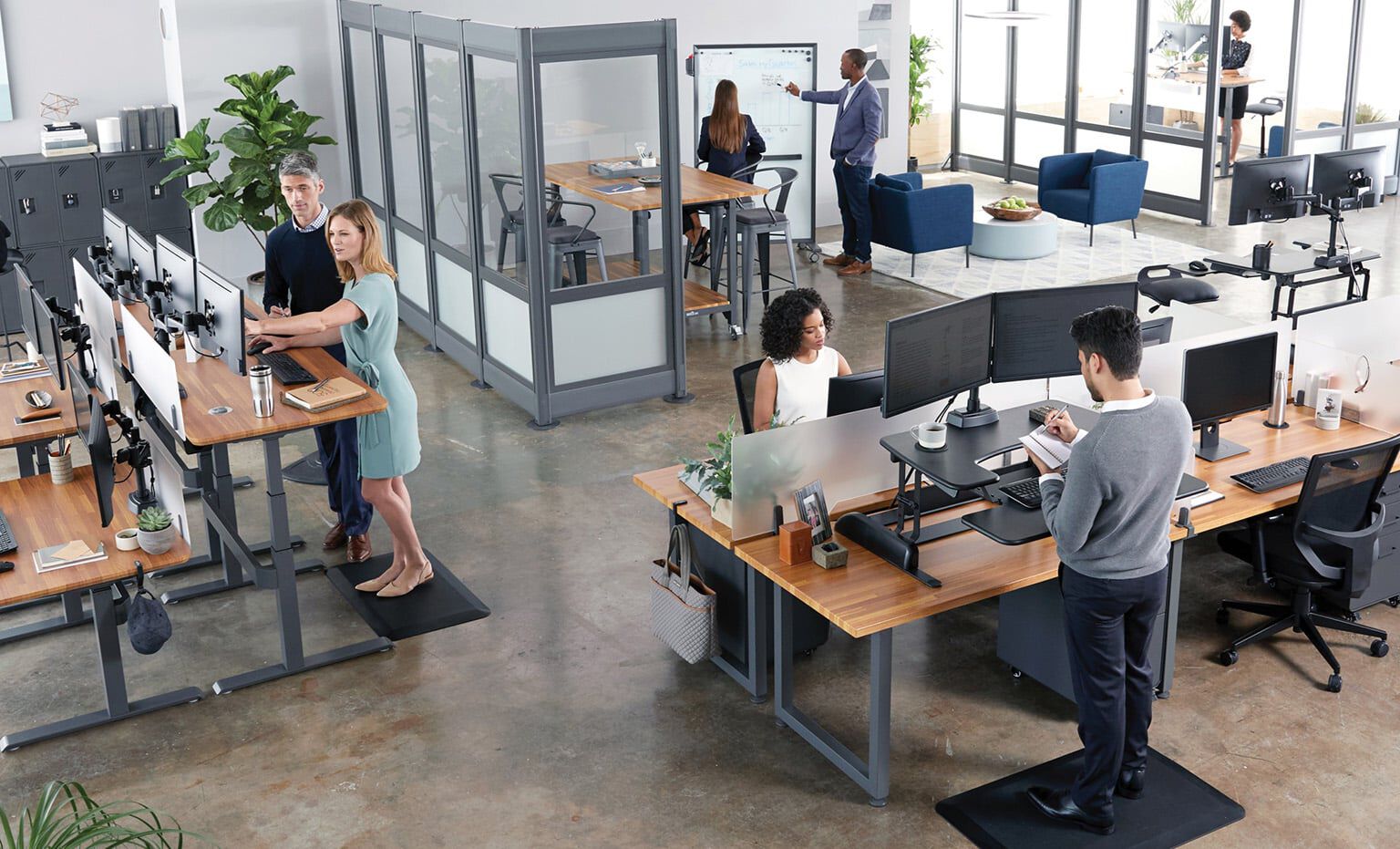 flexible workplace with personal workspaces and collaborative spaces