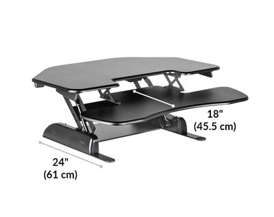 VariDesk Cube Corner base 36 length 24 inches or 62 centimeters. Keyboard deck leng is 18 inches or 45 and a half centimeters