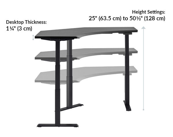 the command center desk has a desktop thickness of 1.25 inches and is height adjustable from 25 inches to 50 and a half inchesalf inches tall