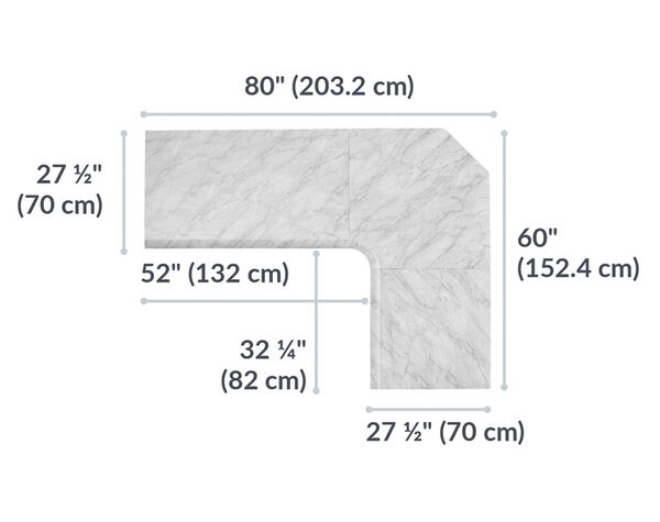 L-Shape Electric Standing Desk 72x30 Marble is 80 inches wide and 60 inches deep