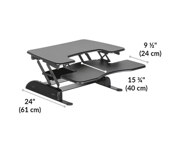 Dimension image shows the base of the desk riser is 24 inches deep