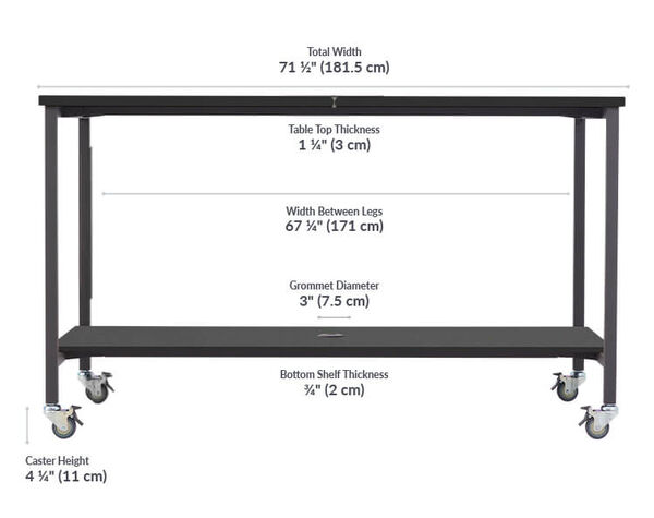 standing conference table has a total width of seventy one and a half inches 