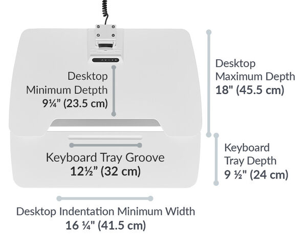 the desktop indentation minimum width is 16 and a quarter inches wide and the keyboard tray depth is 9 and a half inches deep