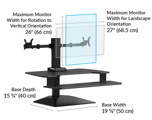Dimension image shows that the maximum monitor width for rotation to vertical orientation is 24 inches and horizontal orientation is 27 inches the base depth is 15 and three quarter inches deep and the base width is 19 and five eights wide