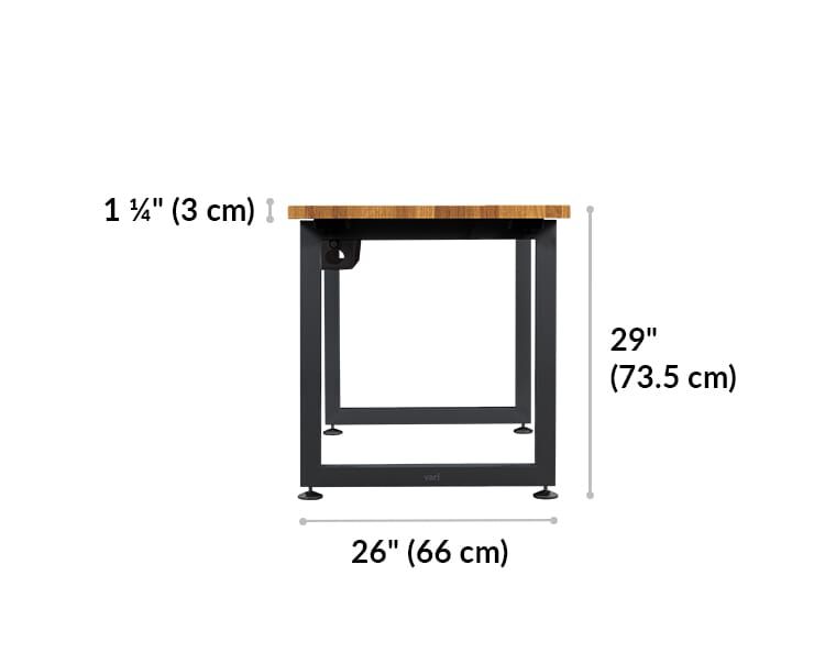 vari table 60 by 30 length 26 inches. Height 29 inches. Table top thickness 1 and a quarter inches.